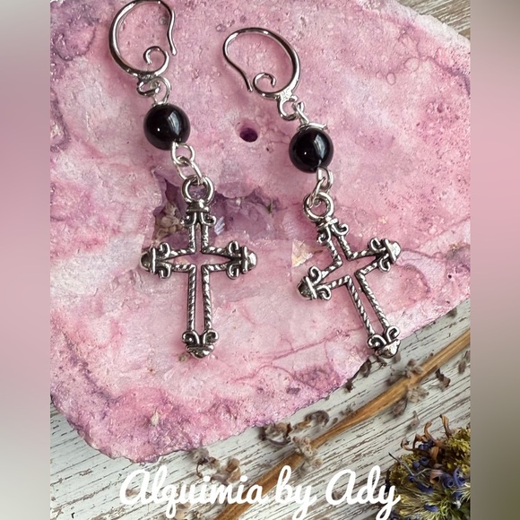 Silver Cross Earrings with Black Beads onyx - Picture 1 of 1